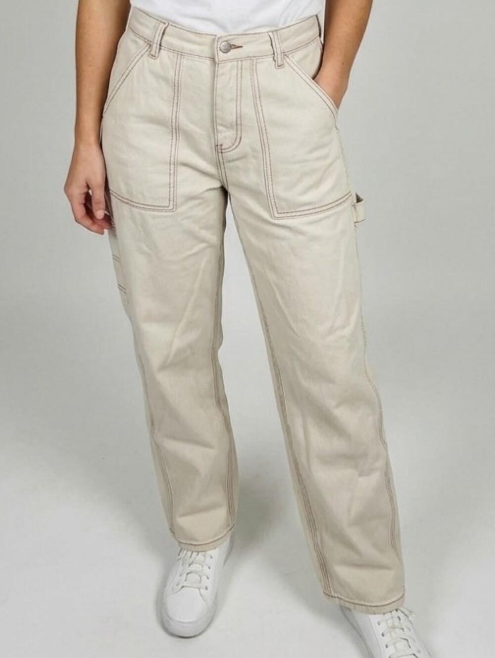 Relaxed Straight-Leg Utility Pants in Neutral Cream